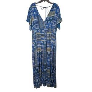 Garnet Hill Blue Boho Lined Maxi Dress Surplice Bodice Tie Zip Back Womens 16